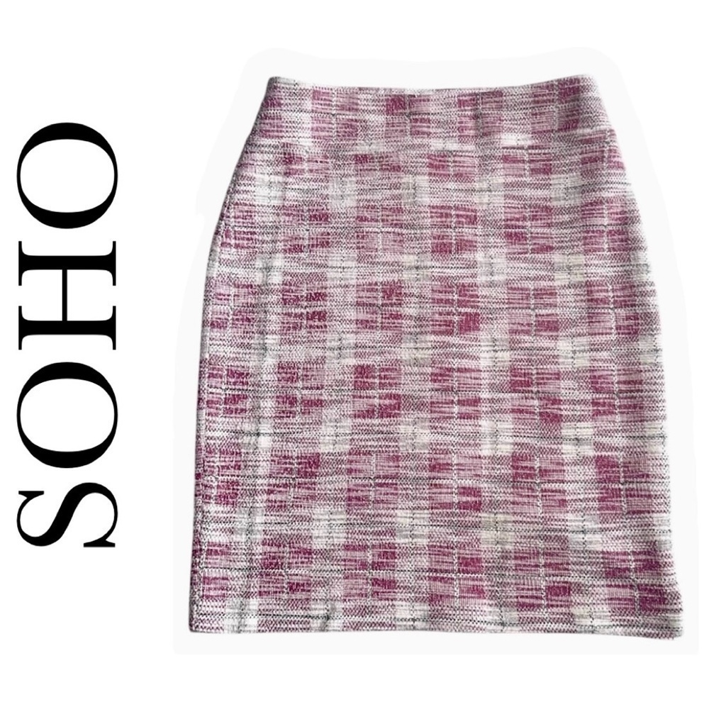 SOHO Cream Red Plaid Pull On Pencil Skirt Stretch Sleek Refined Office Women’s S